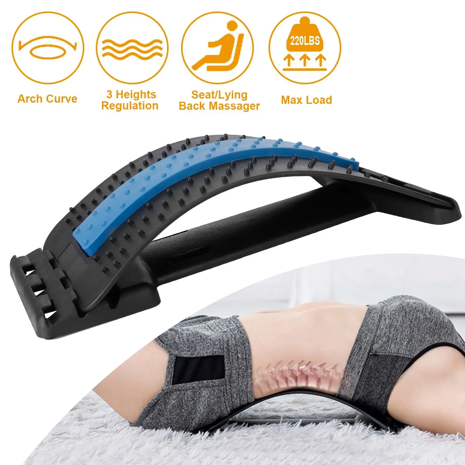 Unisex Adjustable Silicone Multi-Level Back Massage Stretcher - Lumbar Support Spinal Correction Device with 3 Heights, Arch Shape, Acupuncture Points for Herniated Disc, Back Pain Relief (Sports & Outdoor Fitness Strength Training Equipment)
