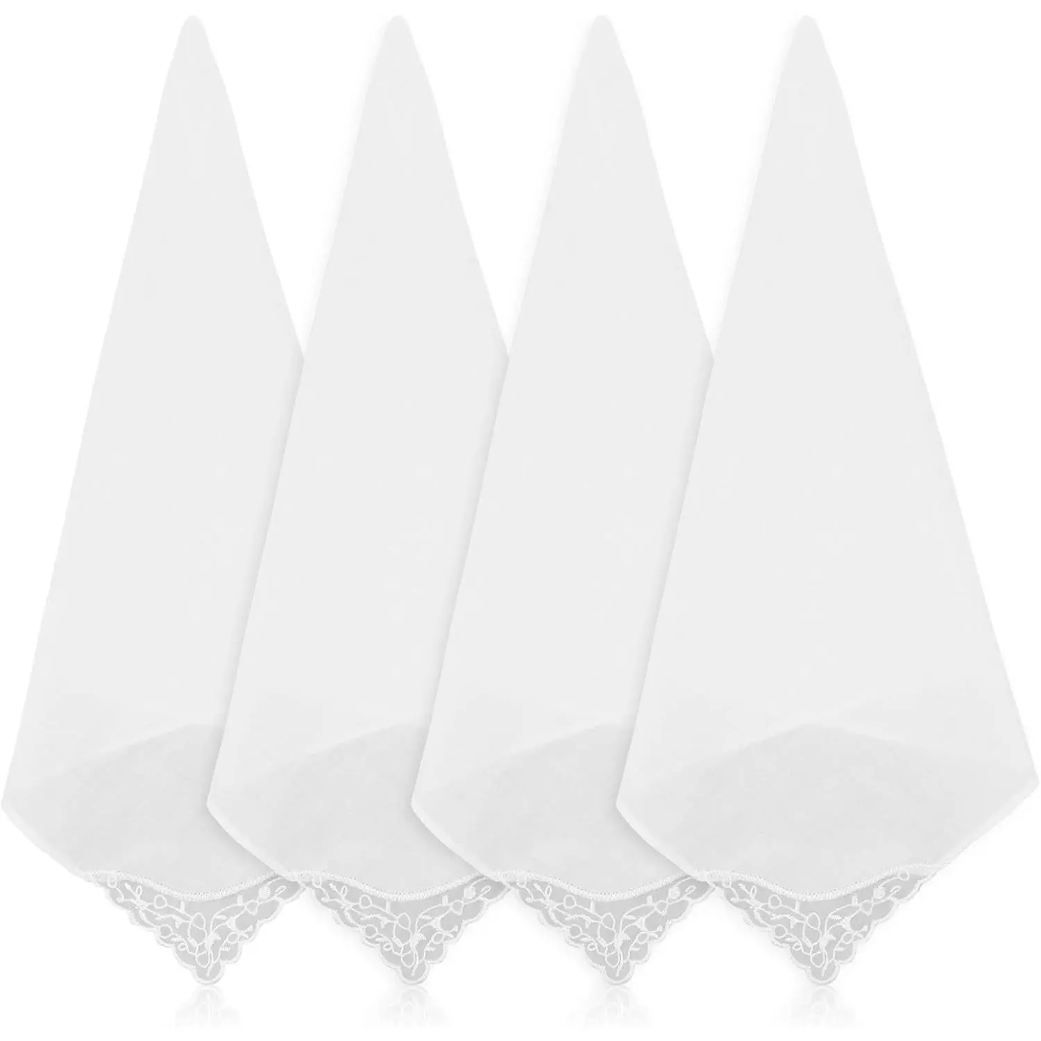 Women's Handkerchiefs, 4 Pcs White 100% Pure Cotton with Elegant Embroidery Lace, 11-inch Square for Weddings & Funerals, Square Shape, Wedding/Funeral