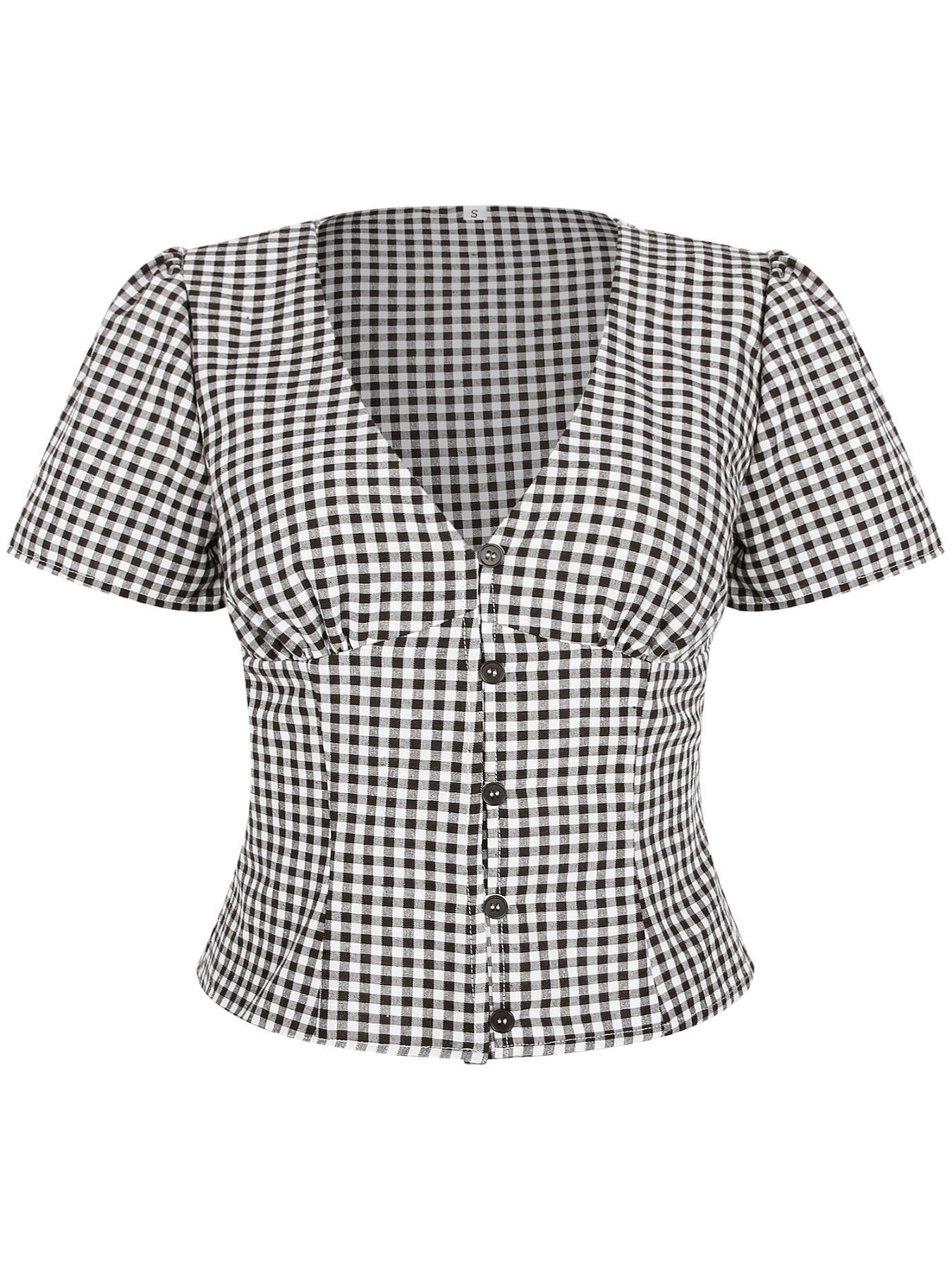 Women's Plaid Print V-Neck Short Sleeve Blouse, Casual Top for Summer, Fashion Women's Top for Daily Wear, Classy Top