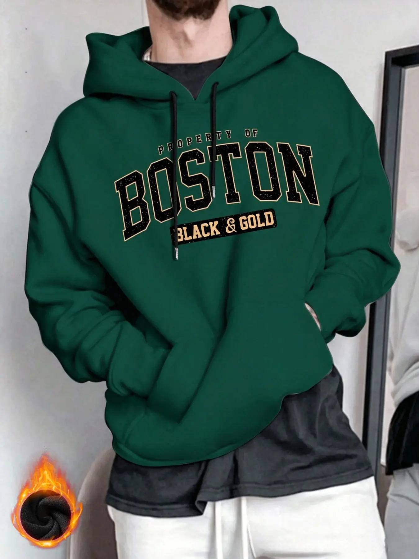 Men Boston Vintage Distressed Graphic Oversized Hoodie, Fleece Lined Thick Drop Shoulder Pullover Hooded Sweatshirt, One Piece Multiple Outfits, Warm Cozy Streetwear Top for Daily Commute Campus Casual Lounge Winter Layering