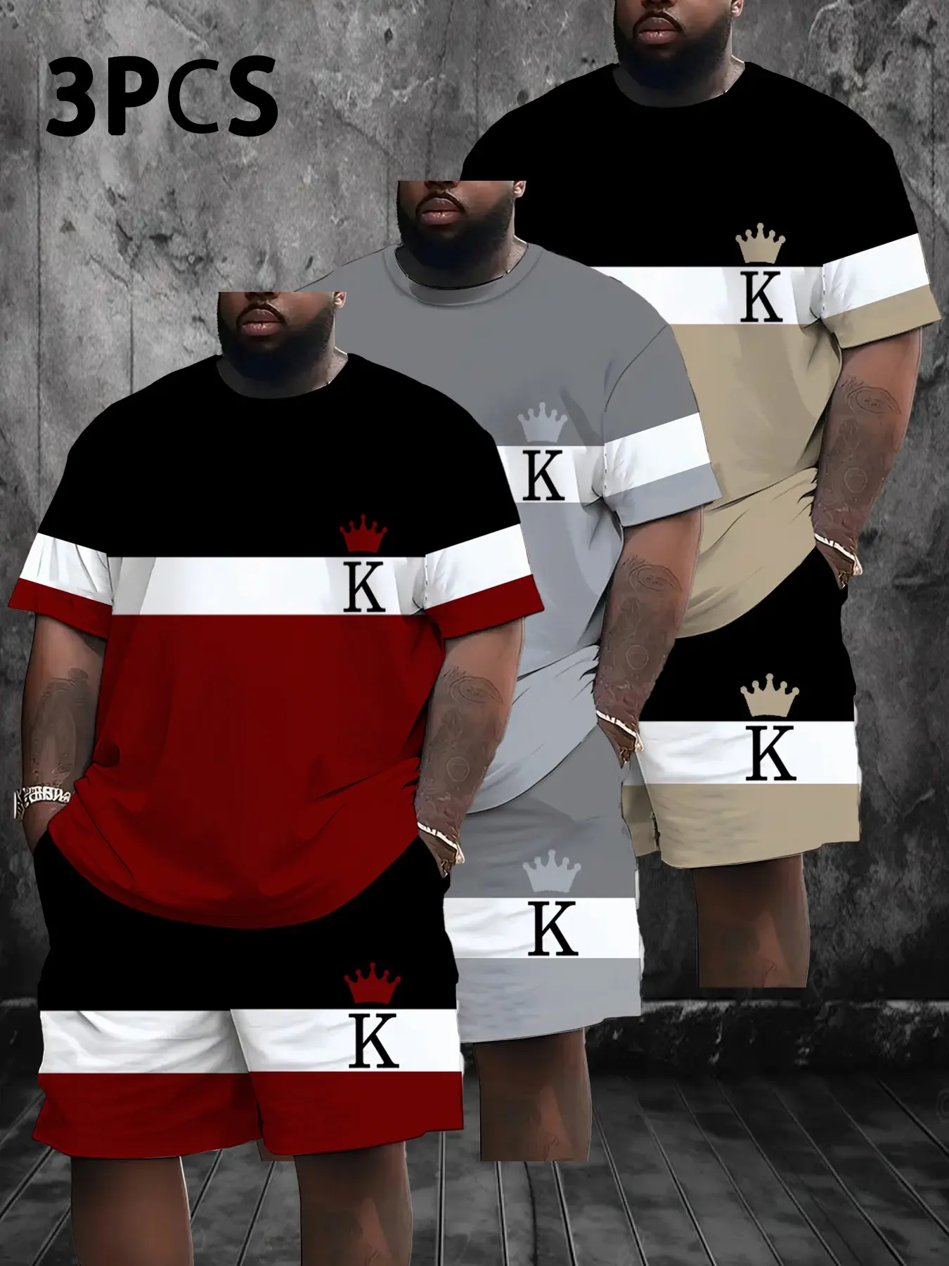 6-Piece Plus Size Men's Summer Casual Sports Set, Breathable Printed Round Neck T-Shirt and Shorts, Knitted Fabric, Lightweight, Casual Activewear Set, Casual Sportswear Set, Casual Sportswear Outfit, Sporty Casual Wear