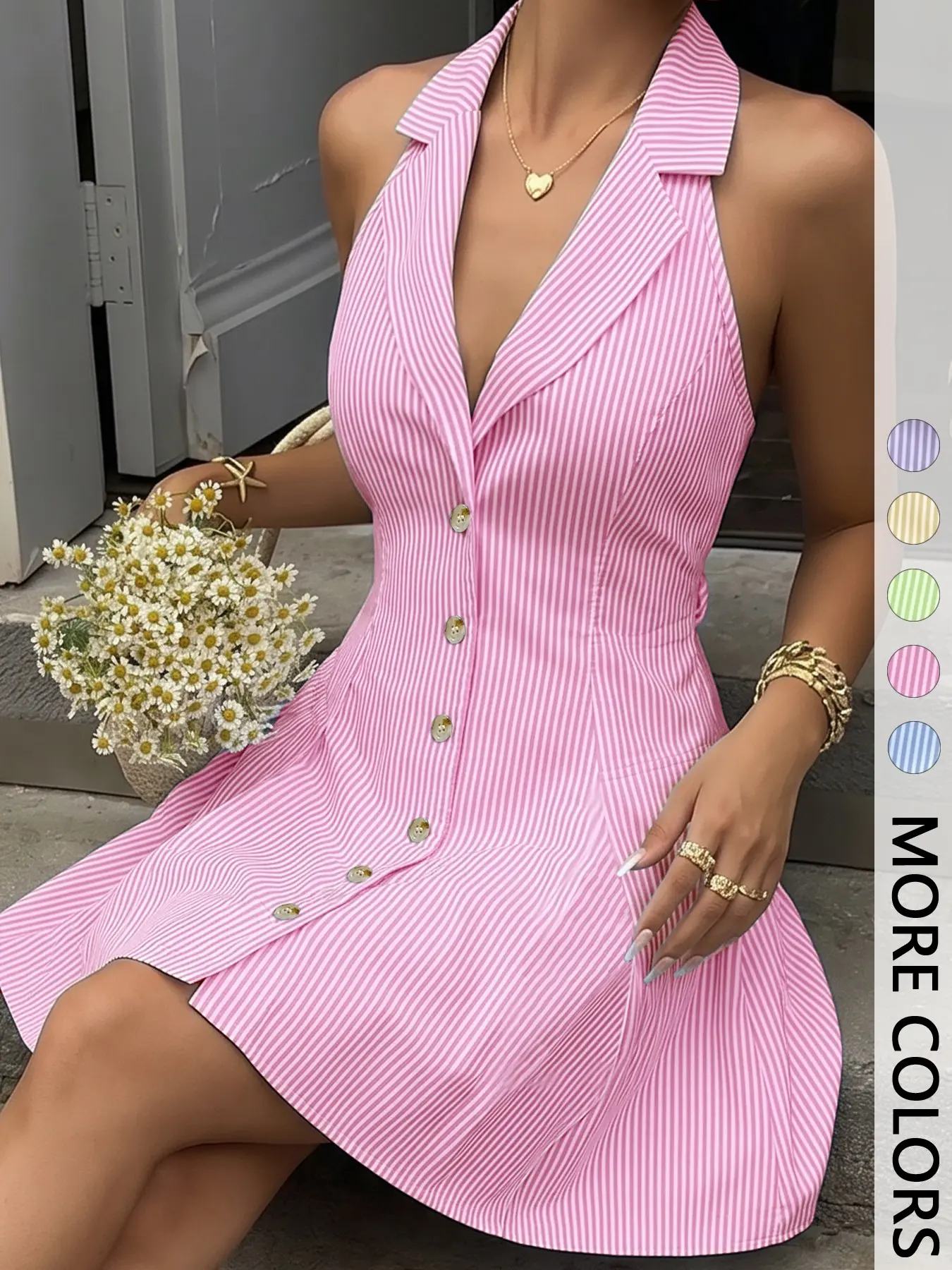 Women's Summer Striped Halter Sleeveless Short Casual Dress, Turn-Down Deep V Button Front A-Line Dress, Perfect for Vacation and Parties
