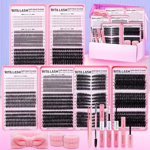 RITALASH 1930Pcs D Curl Large Capacity Eyelash 3 Trays Book Kit Bottom Spike Natural Eye Makeup Easy To Carry, Reusable, with Make Up Tools Bond&Seal, Remover, Headband, Suitable For Daily Going Out, And Holidays