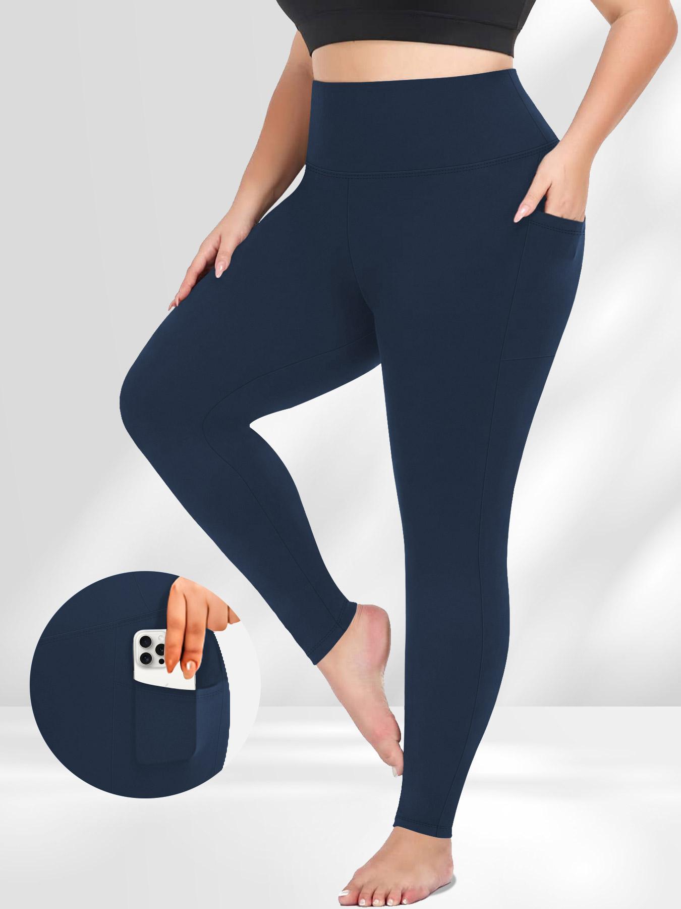 Plus Size Solid High Waist Sports Comfy Gym Workout Leggings with Pocket, Summer Outfits, Casual High Stretch Skinny Pants for Women, Soft Comfortable Women's Bottoms for All Seasons, Stretchy Workout Leggings