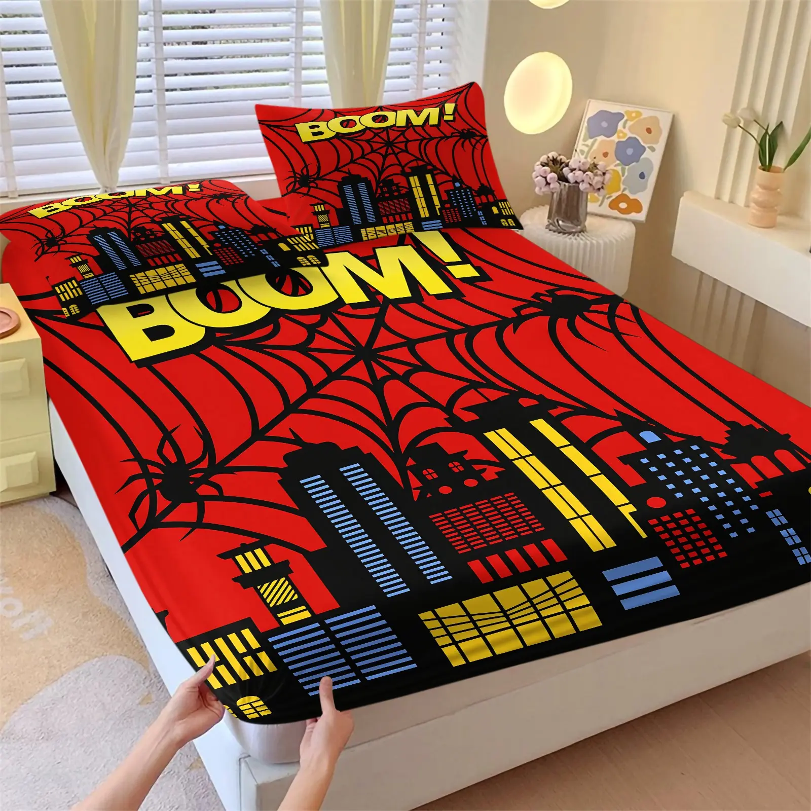 Comic City Spider Web Bedding Set (1 Fitted Sheet + 2 Pillowcases), Soft Cozy Microfiber Deep Pocket Fitted Sheet, Red Boom Pop Art City Building Pattern Bed Sheets, Sheet Sets, Cool Decor for Boys Teen Bedroom Dorm Room