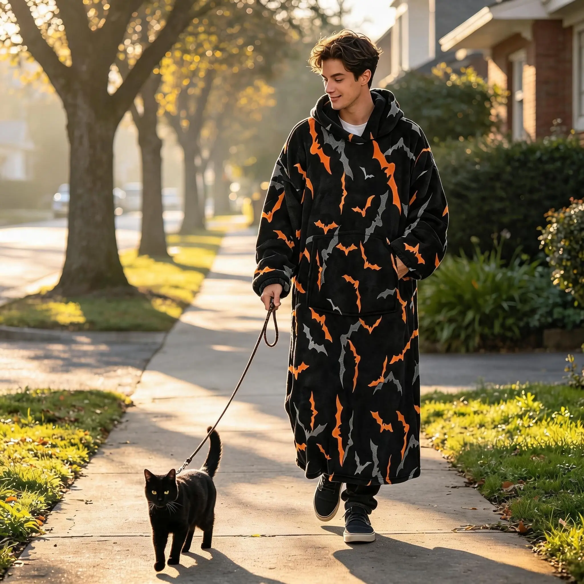 Halloween Dark Theme Hooded Wearable Blanket, Soft Thick Flannel, Bat Print, Cozy for Adults & Teens, Perfect for Home, Camping, Gifts