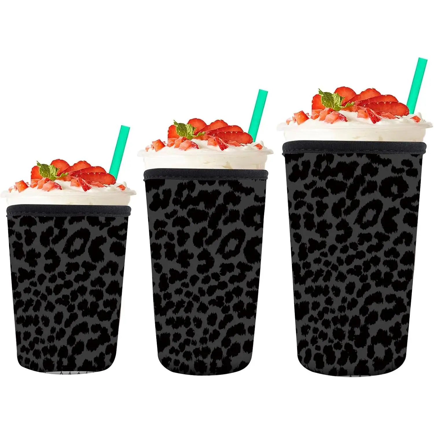 3 Pack  Neoprene Insulator Sleeve for Iced Coffee Cups, Cute Funny Coffee Cup Sleeve,  Fit 16-32oz Cups for Hot Cold Beverages Cute Black Leopard