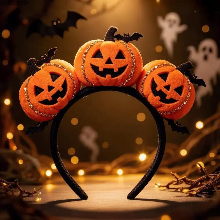 Funny Cute Pumpkin Face Headband, Lightweight Soft Fabric Headdress for Halloween Party Cosplay, Stable Band with Gold Thread Bats, Unisex