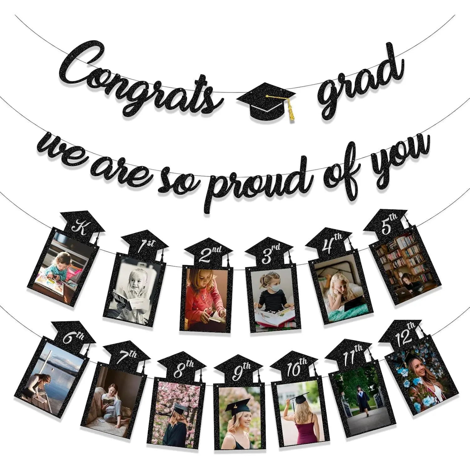 Graduation Decorations Class of 2026 Party Supplies - Congrats Grad, We are So Proud of You Banner and K-12th Grade Graduation Photo Banner (Pre-Strung)
