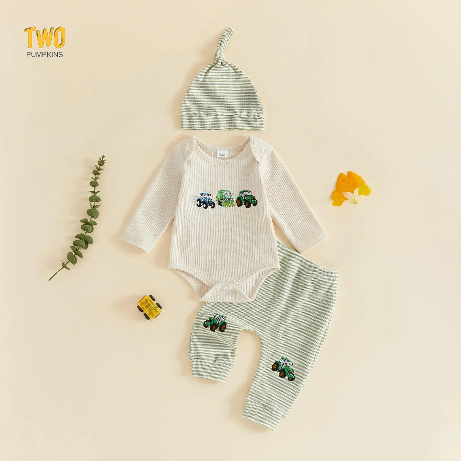 Toddler Baby Boy Fall Outfit Fire Engine Embroidery Long Sleeve Romper Pants Hat