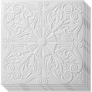 Decorative Ceiling Tile 2x2 Glue up, Lay in Ceiling Tile 24x24 Pack of 12 count Spanish Floral in Matt White