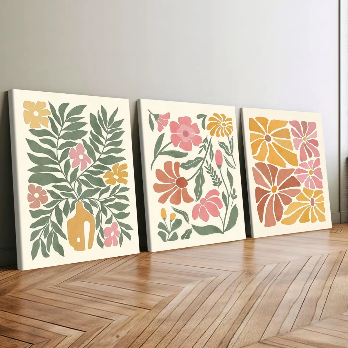 3-Piece Wood Frame Canvas, Macaron Abstract Floral Art, Modern Home Decor, Waterproof, Suitable for Living Room, Bedroom, Office
