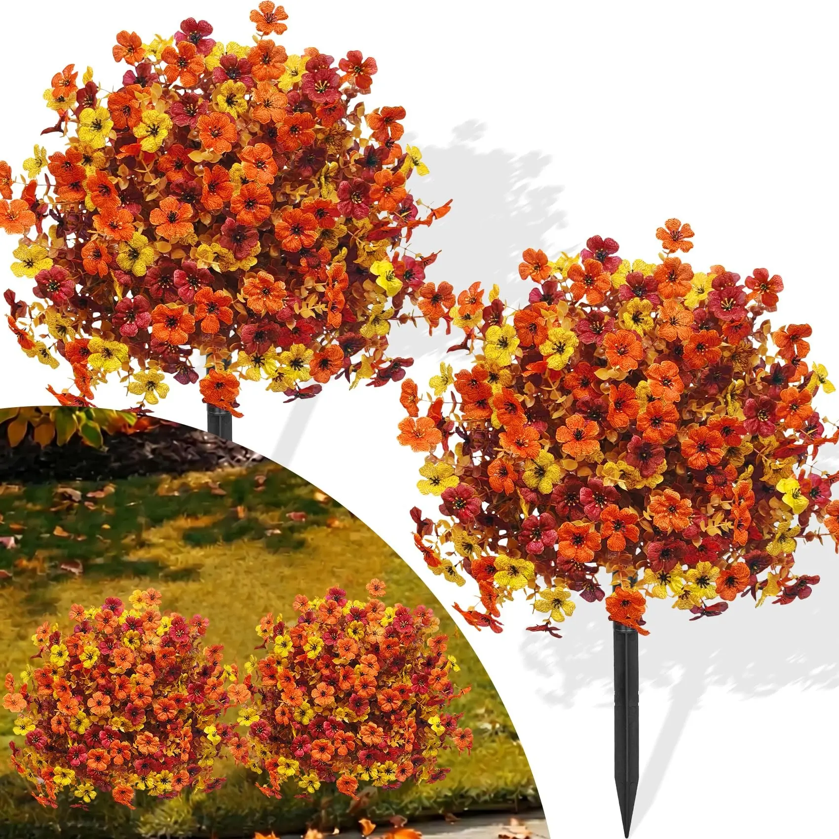 2 Pcs 23" Artificial Fall Topiary Balls Flowers, Mixed Orange | Fake fall flowers with ground stakes, UV resistant, no maintenance, for autumn outdoor porch patio yard planter home decor