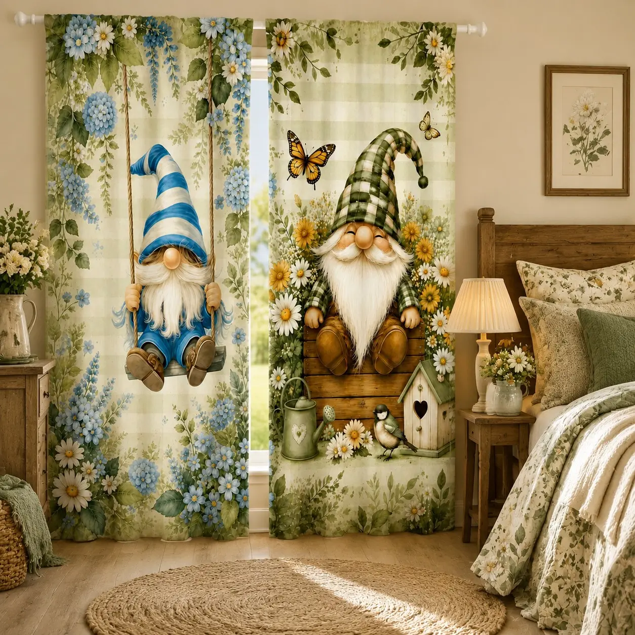 2 Piece Vintage Cottage Style Spring Garden Dwarf Print Curtains, Soft Light Filtering, Ideal for Bedroom & Living Room Decor
