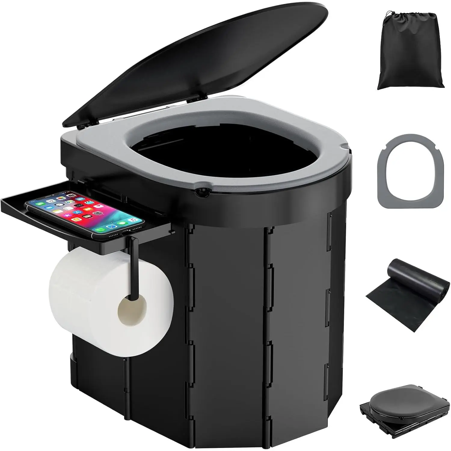 Portable Toilet for Adults, Sturdy Folding Commode in Washable ABS Plastic with Lid & Functional Phone Shelf for Outdoor Camping, Hiking