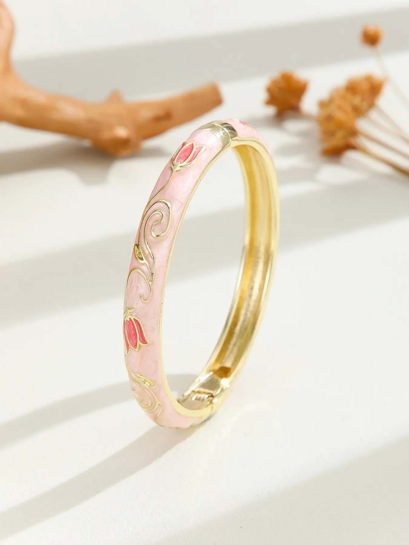Cloisonné Style Hinged Floral Enamel Bangle for Women, Gold Plated Swirling Vine Cuff with Elegant Tulip Flower Design, Chic Jewelry Gift