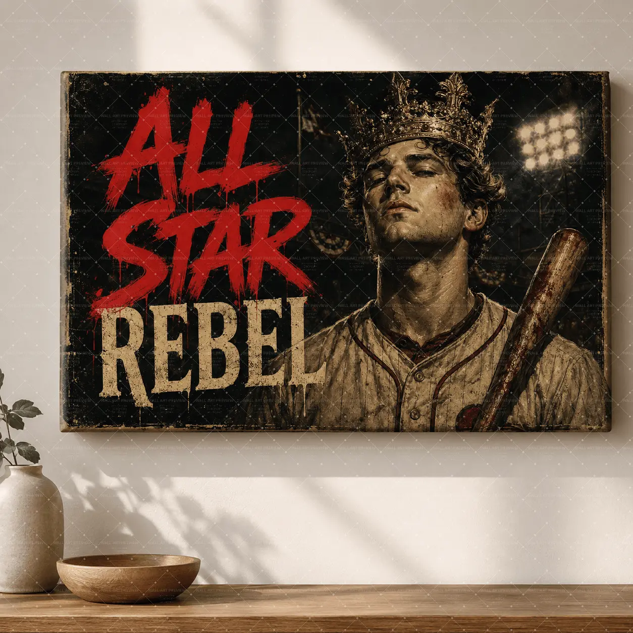All Star Rebel" Vintage Baseball Canvas Wall Art, Graffiti & Crown Print, Modern Aesthetic Living Room Bedroom Office Decor, Statement Poster Gift,wall decor,poster.