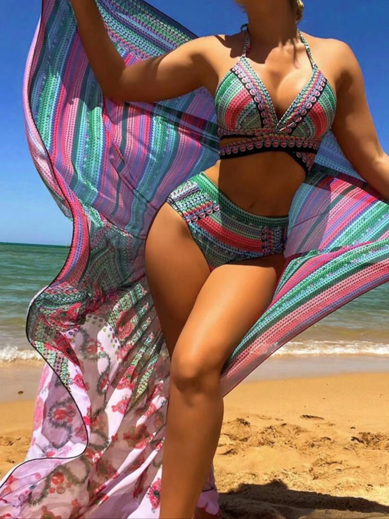 Women's Ethnic Pattern Bikini Set, Halter Neck Triangle Swim Bra & Tie Side Swim Panty & Pareo Cover Up Set, Ladies Swimsuit for Beach Holiday Vacation, Tropical Print Swimsuit, Beachswimsuits, Color Block Swimsuit, Bikinis Set, Colorblock Print Bikini