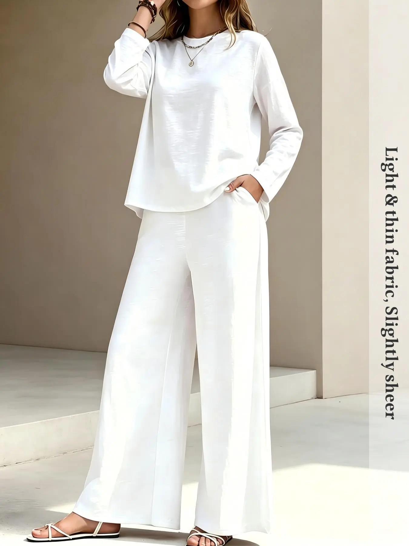 New Basic Solid Color Loose Long Sleeve Set, Side Pocket Elastic Waist Wide Leg Pants, Simple Elegant Commuter Casual Home Wear Two-Piece Set
