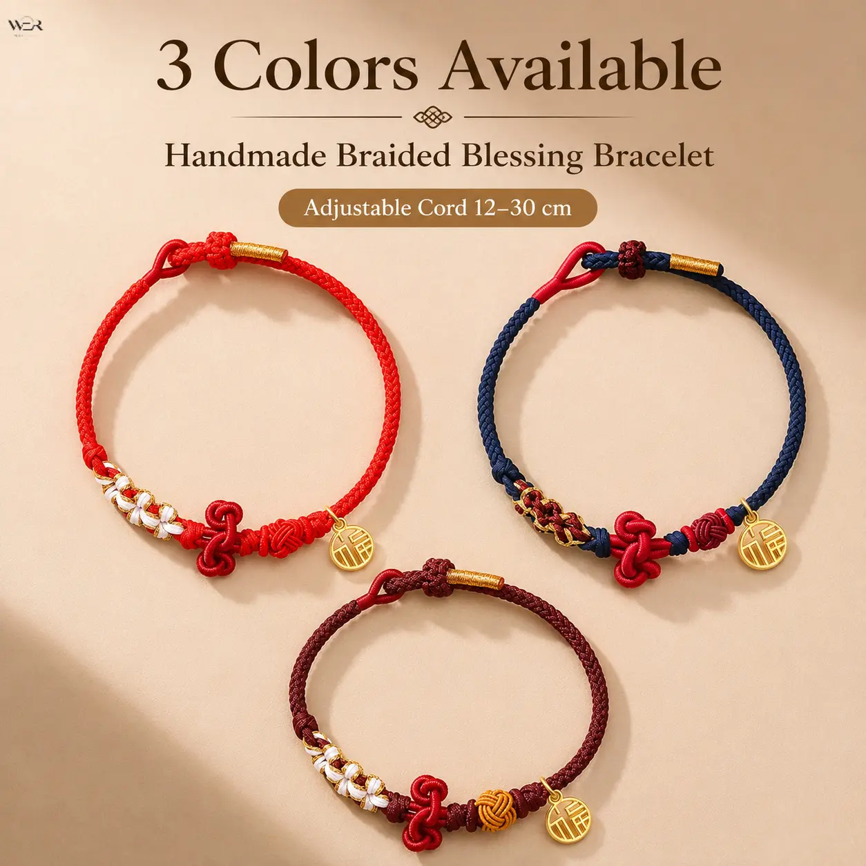 Chinese Traditional Hand-Braided Blessing Bracelet, 3-Color Anti-Fray Nylon Cord (12-30cm Adjustable), Gold Fu Character Round Pendant, Red-Navy-Burgundy Wrist Chain, New Year-Wedding Gift for Couples