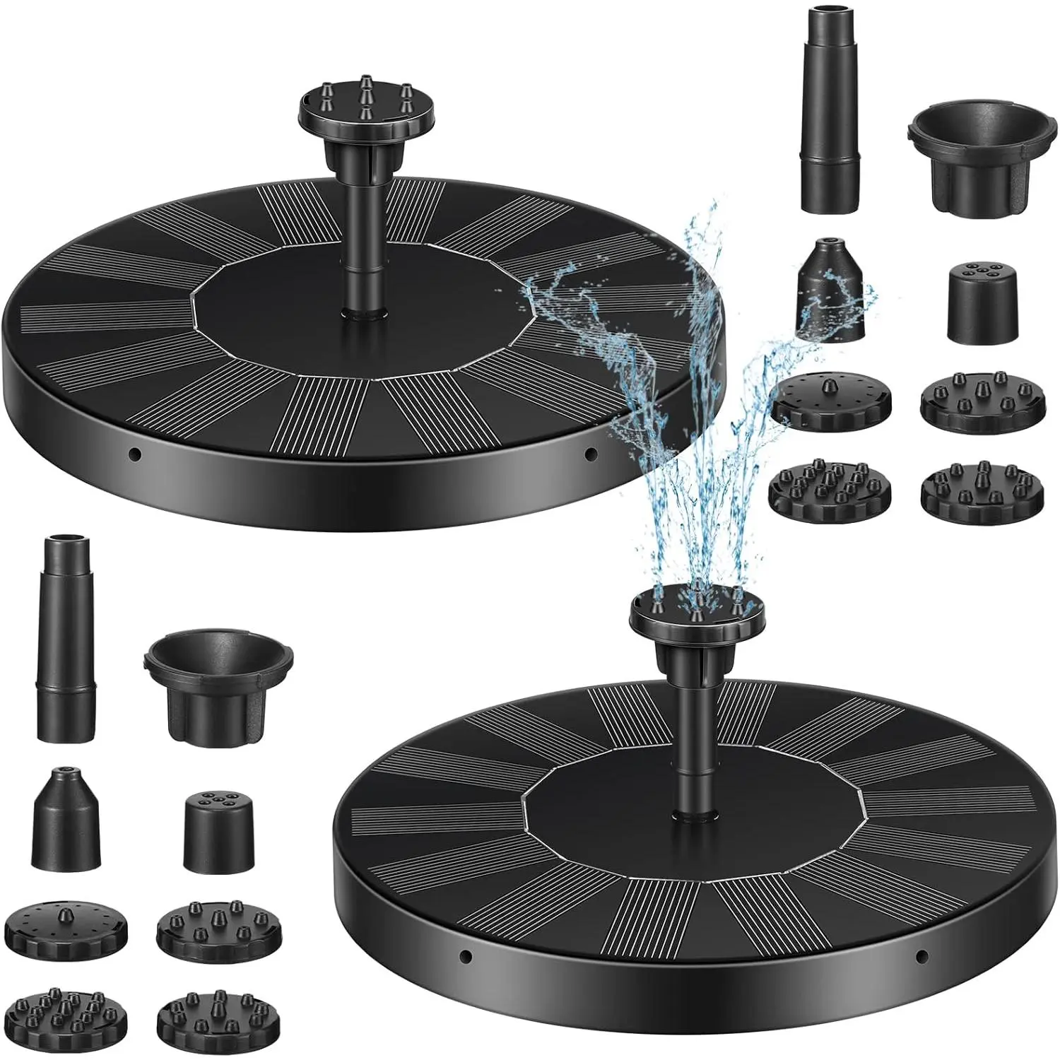 2-Pack Solar Powered Fountain, 6.3 Inch Floating Submersible Pump Kit with 8 Nozzles and Automatic Start, for Bird Baths, Garden Ponds, and Pools, Plastic Parts, Solar Fountain Outdoor, Garden Decor, Birds, Fish Tank, Water Pumping, Kit Pack, 2 Packs