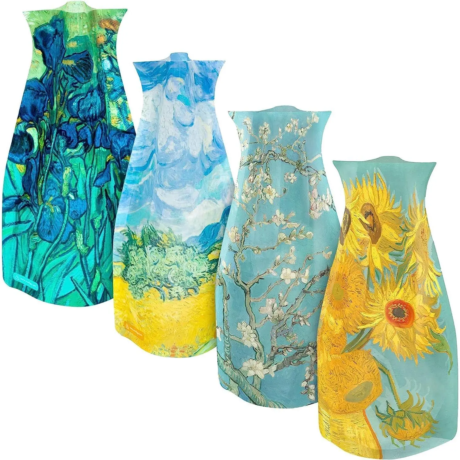 Expandable Flower Vase Set, Plastic Decorative Modern Foldable Printed Vases for Centerpieces for Wedding, Dining Table,  Decor, Living Room, Bathroom, Office, Vincent Van Gogh, 4 Pack