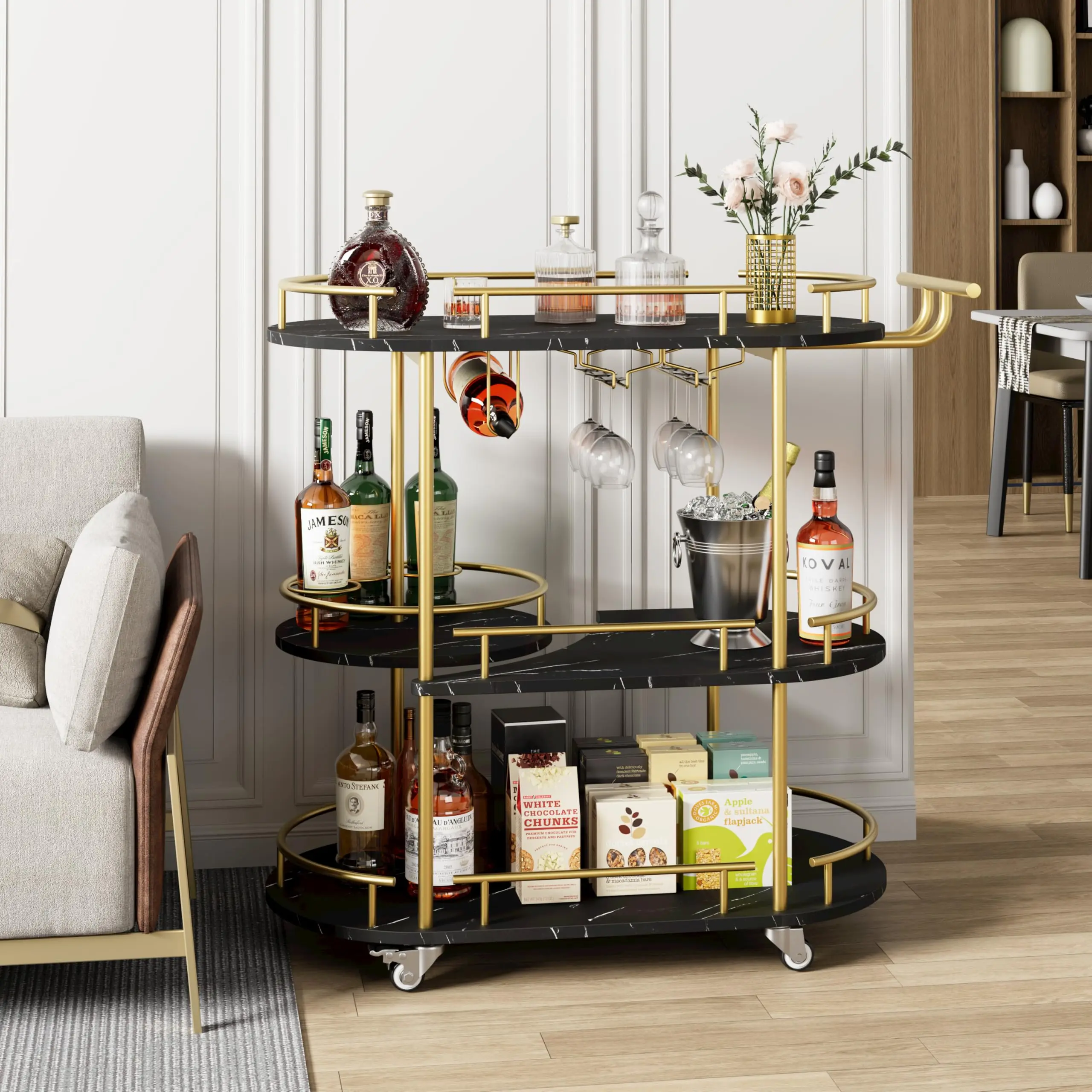3-Tier Rolling Bar Cart with 360° Rotating Lazy Susan, Gold Kitchen Serving Cart with Wine Rack & Glass Holder, Faux Black Marble Mobile Beverage Cart for Dining Room & Party, Noiseless Lockable Wheels
