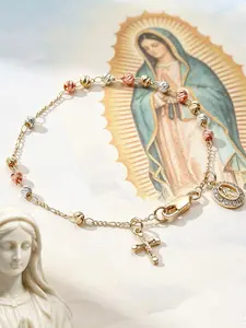 1 Piece Tri-Color Rosary Bracelet with Our Lady of Guadalupe & Cross Charm, Cubic Zirconia Inlaid Catholic Religious Jewelry for Women, Daily prayer, Self Redemption Meditation, Perfect for Party, Christmas and Halloween
