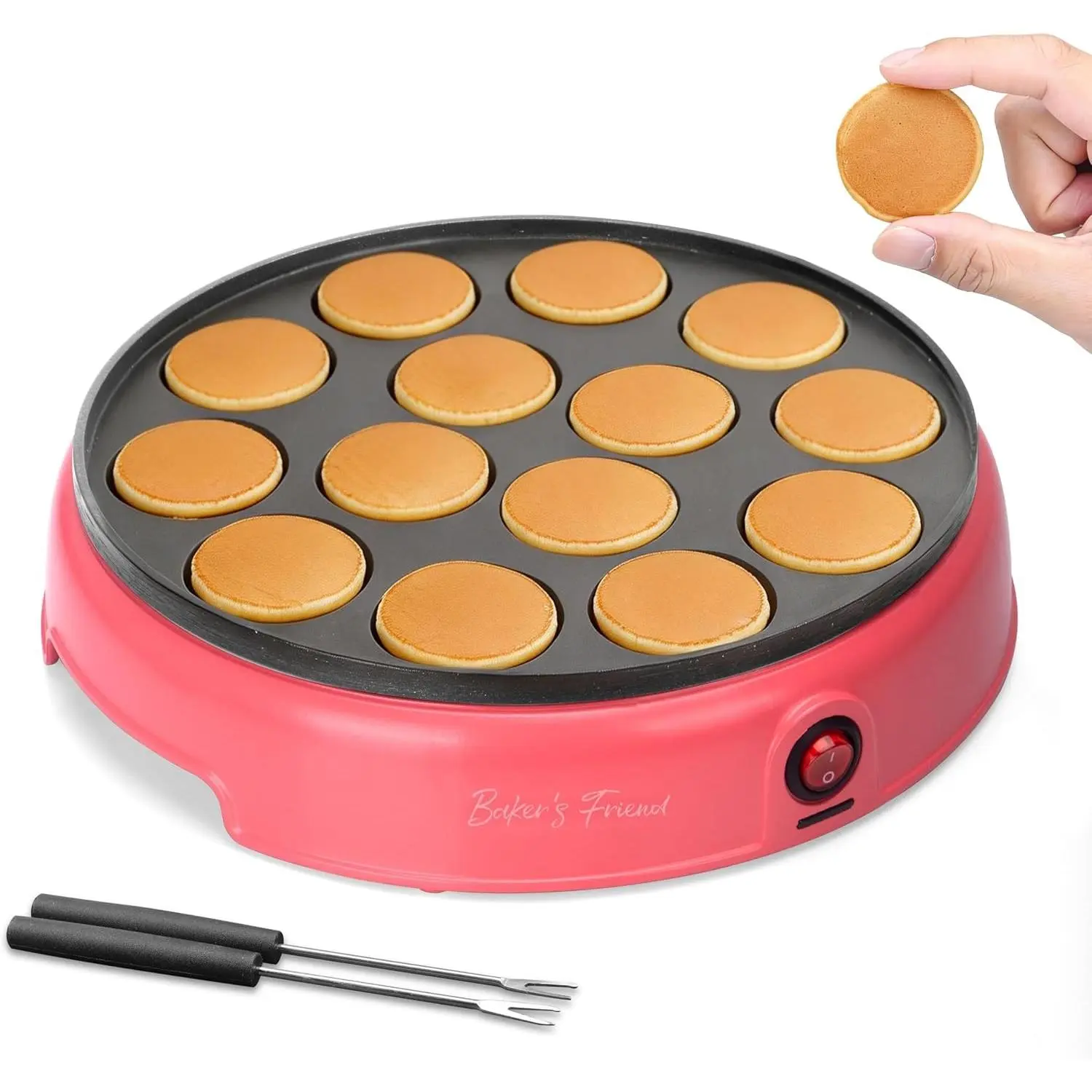 Mini Pancakes Maker Machine, Dutch Mini Pancake Griddle, 14 Holes Electric Poffertjes Pan, Ideal for Breakfast, Snacks, Desserts & More, Red