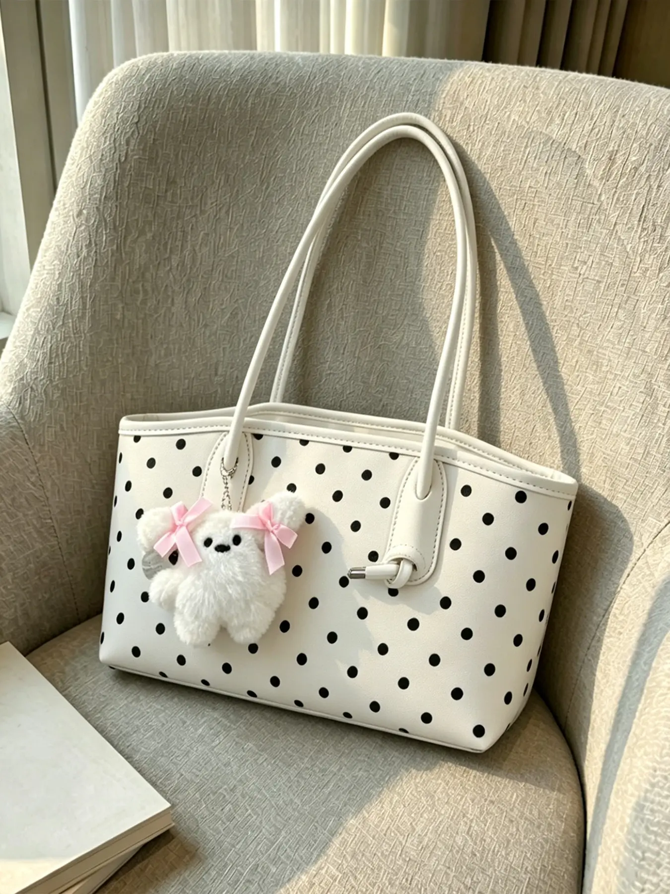 Fashionable and versatile polka dot bow tote bag, large capacity foldable shoulder bag, soft commuting crossbody bag, with exquisite doll pendant, lightweight, multifunctional, fashionable, and versatile, Daily Commute Bag, Cute Tote Bags