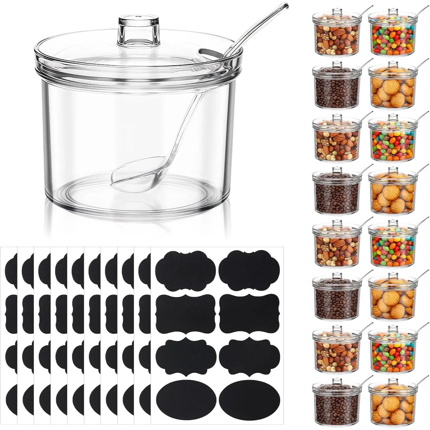 16Pcs 7.1 Oz/210ML Clear Acrylic Toppings Containers with Lids, Tags & Spoons, Ice Cream Sundae Toppings Sugar Salt Dispenser Condiment Organizer Set for Countertop Restaurant Supplies
