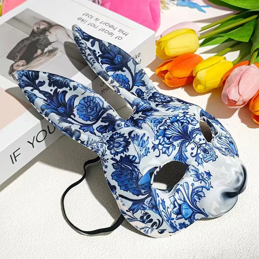 Easter Rabbit Mask Decorative Item, Traditional Blue Porcelain Pattern, Not Plastic, Makeup, Stage Decoration Props