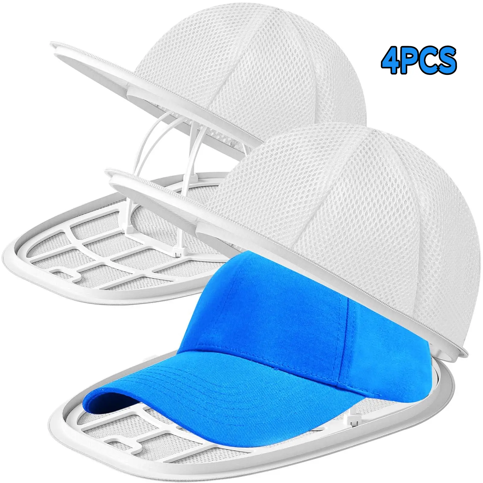 4pcs Baseball Cap Washer Cage - Nylon Breathable White Zippered Meshed Portable Drying Pouch Washing Bag, Adjustable Secure Efficient Adult Home Laundry Cleaning Accessory (Friend-Friendly Design), Drying Washing Bags