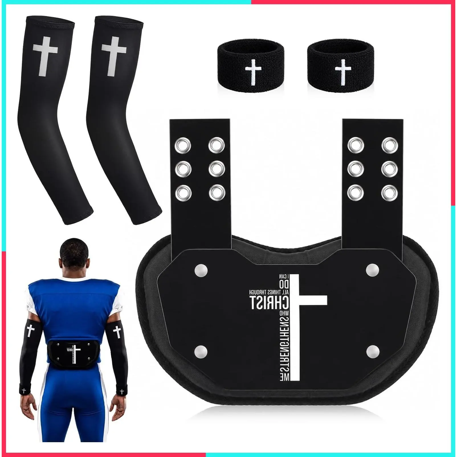 7 Pcs Christian Football Backplate Set with Arm Bands, Bicep Bands, Faith Cross Arm Sleeve, Sport Lower Back Pads, Rear Protector for Youth & Adult Football Players