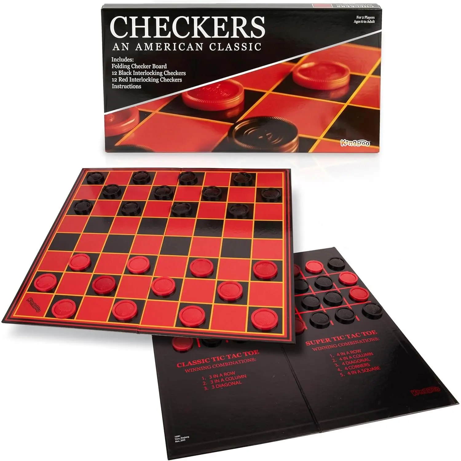 Multiplayers Strategy Checker Board Game for Kids & Adults - Portable Educational Travel Cardboard Checkers - Includes Large Board w/ 24 Checkers (12 Red and 12- Black) 15x15 Inches Box Set