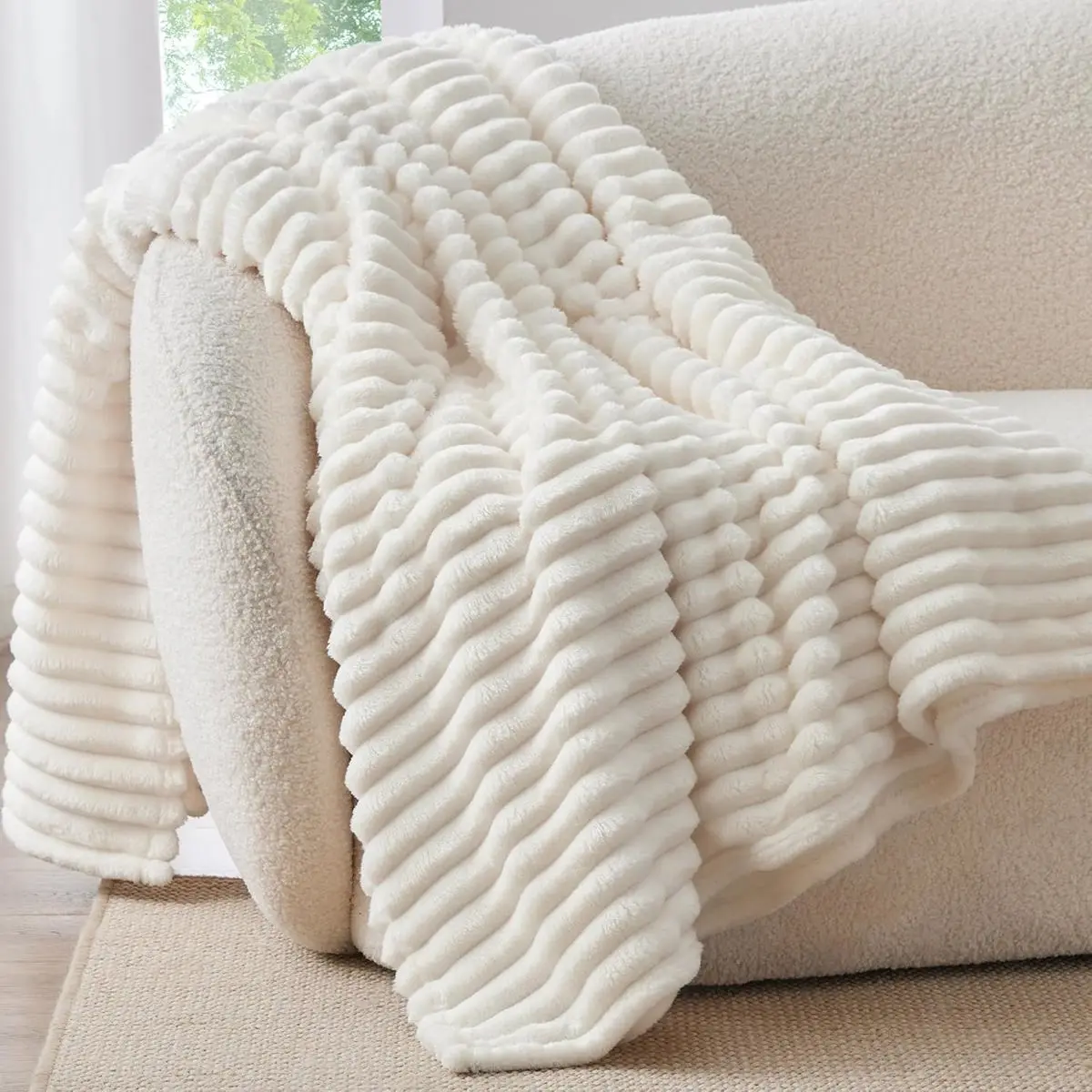 Ribbed Fleece Throw Blanket for Couch, Cream, 50"x60" | Ultra-Soft Plush Fleece, Cozy, Warm Yet Lightweight, Ribbed Texture, Home Decor, Machine Washable, Giftable, All-Season Use