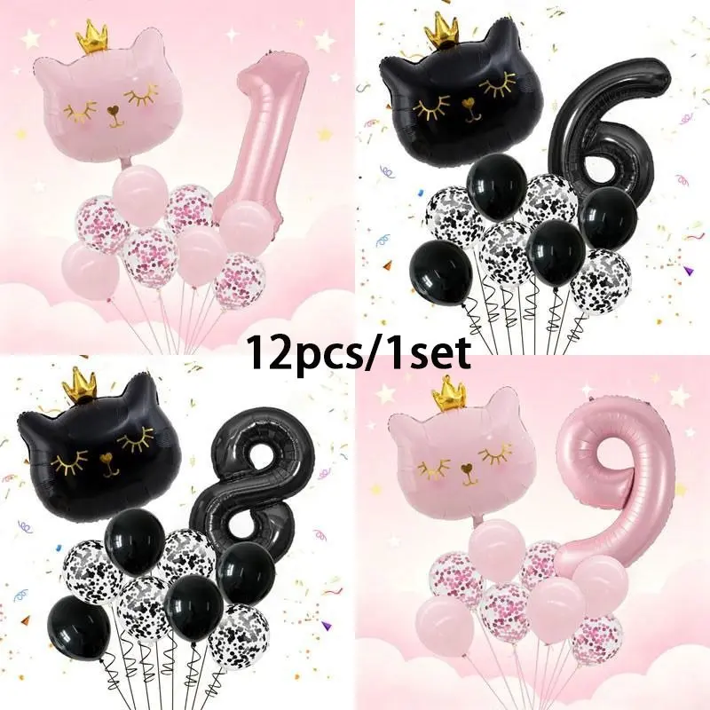 12-Piece / Crown Cat Number Balloon Set, 32-Inch Foil Balloons, Latex & Confetti, First Birthday Party Decorations, Girl-Themed