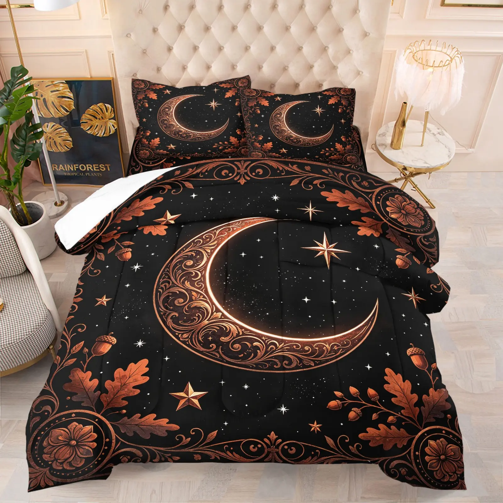 Mystical Autumn Oak Leaf Crescent Moon & Star Comforter Set, Soft Breathable Gothic Night Sky Theme Bedding Set, 1 Quilt + 1/2 Pillowcases, Unique Witchy Gift Quilt for Bedroom, Dorm & Guest Room, Twin/Full/Queen Size