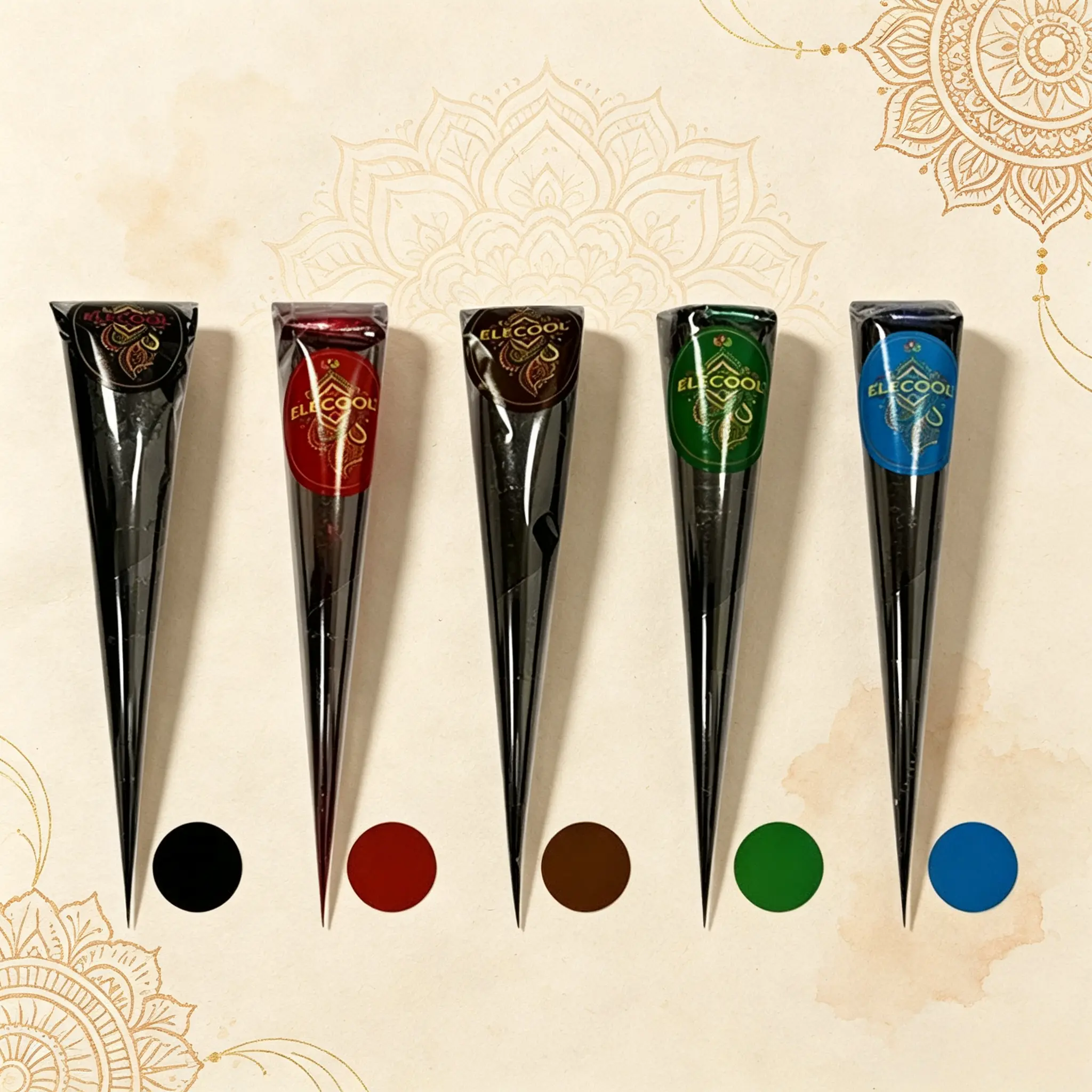 ELECOCO multi-color henna cone set, natural plant henna tattoo pen available in brown, black, red, blue, green. Mild non-irritating, long-lasting waterproof pigment, perfect temporary tattoo tool for hand mandala patterns at weddings and parties, Body Art