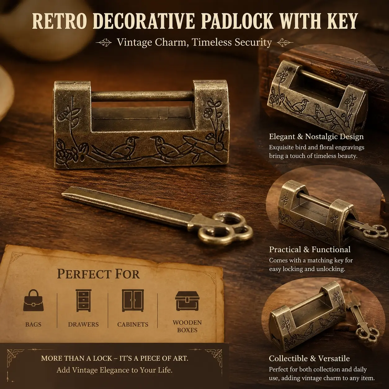 Hand Carved Antique Bronze Padlock, Medieval Wooden Jewelry Box Lock, Brass Display Cabinet Decor. Vintage Wedding Lock, Antique Furniture Security, Gothic Home Decor Gift.