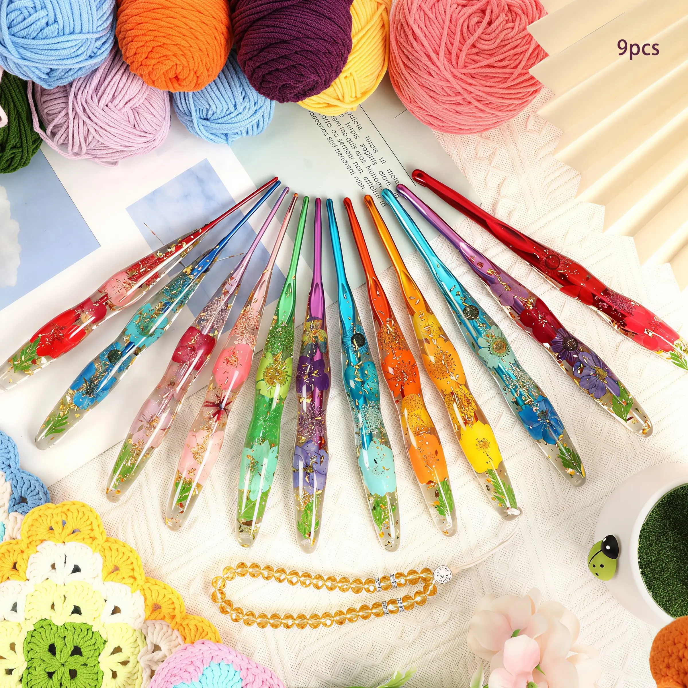 9pcs Transparent Gourd Crochet Hooks Set, Crochet Tools, Floral Pattern Ergonomic Grip, Multicolor DIY Knitting Supplies, Ideal for Sweater Hat Craft, Christmas & Mom Gift