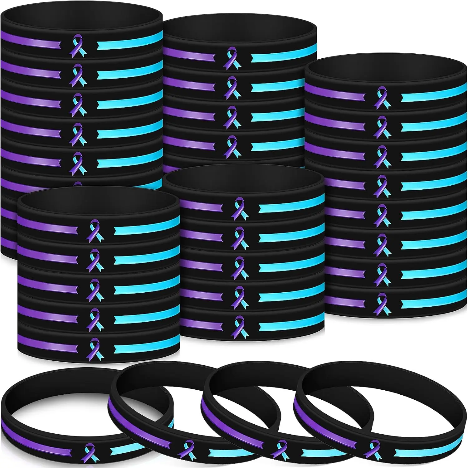 100 count  Prevention Awareness Ribbon  Bracelet Bulk  Teal Ribbon Rubber Wristband Sexual Assault Awareness Bracelets for Women Man Public Charity ( Prevention)