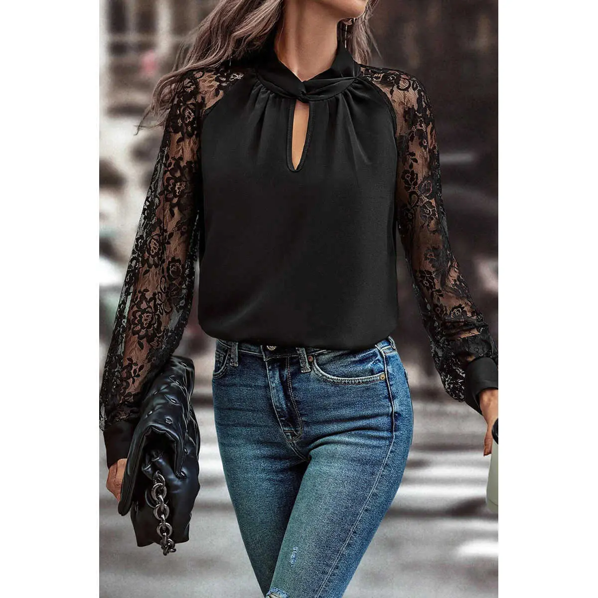 Women's Floral Lace Blouse, Keyhole Neckline Raglan Sleeve Casual Top, Feminine Elegant Shirt for Everyday Wear
