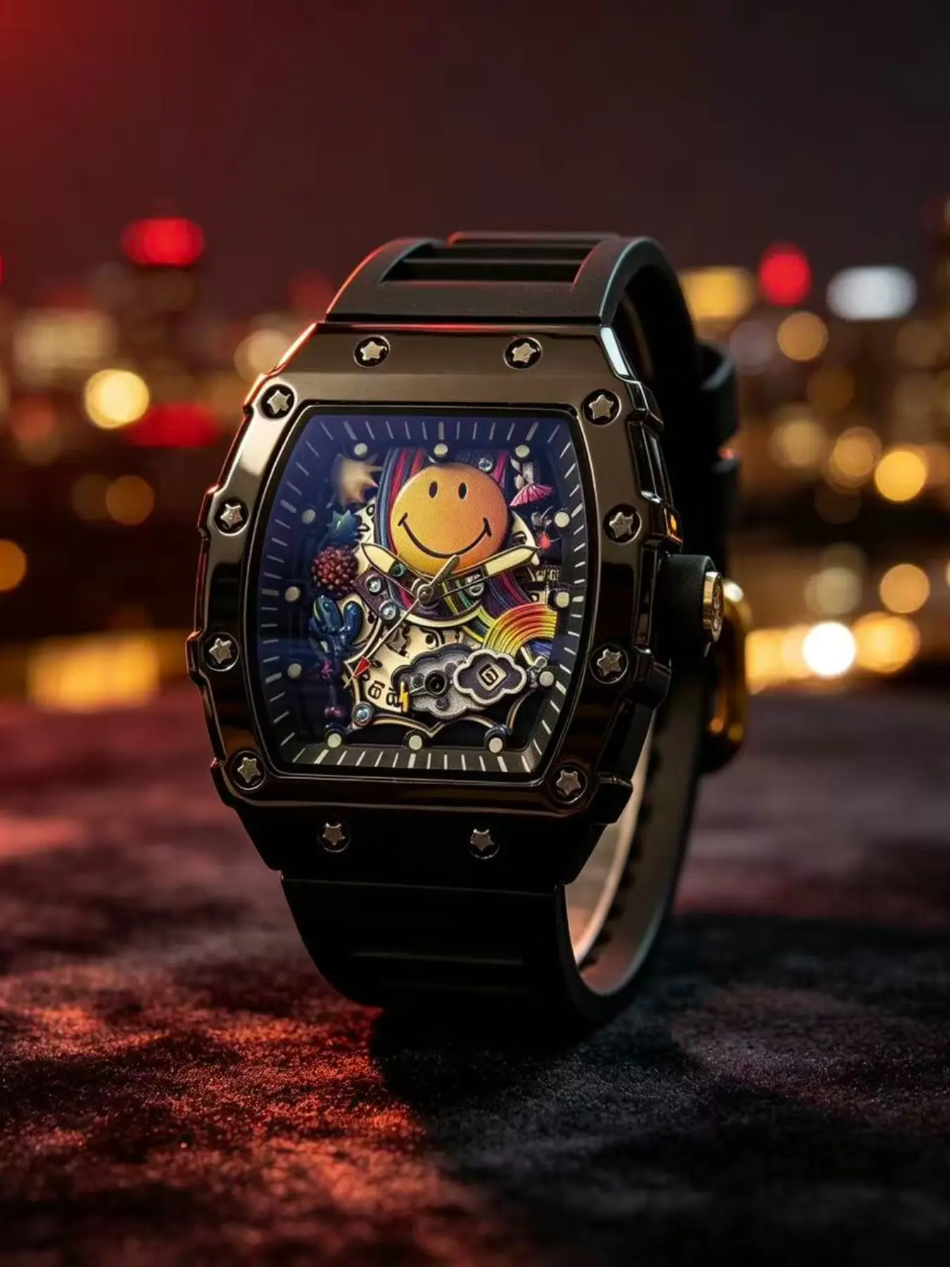Men's Quartz Watch, Bucket Shape, Smiley Rainbow Dial, Silicone Strap, Night Light, Calendar, Sport Wristwatch, Ideal for Daily Wear and Gifts