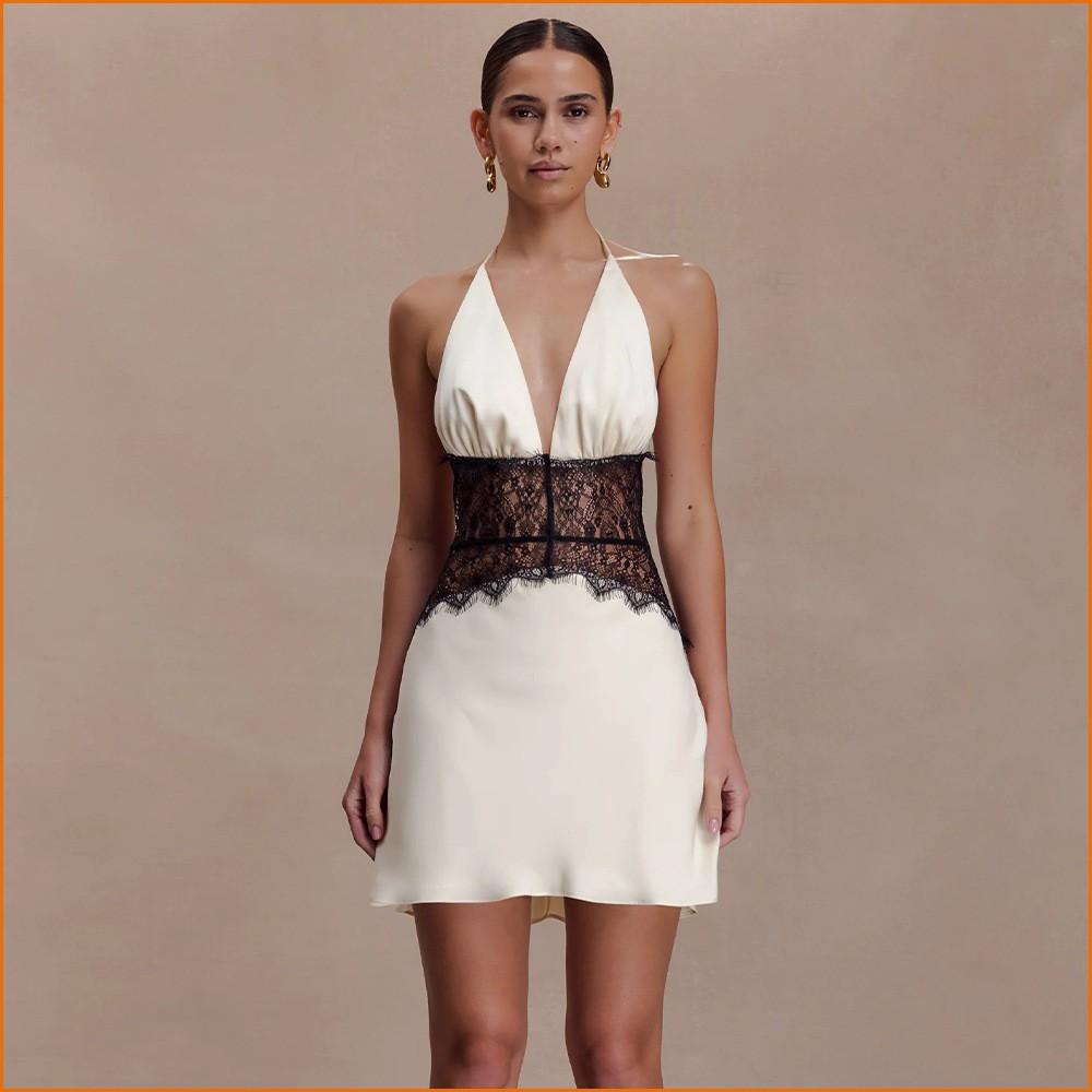 KODA & CO 04 Women's Sexy Halter Neck Lace Dress  High Waist Backless Mini Dress, V-Neck Sleeveless Open Back, Silk Satin Fabric