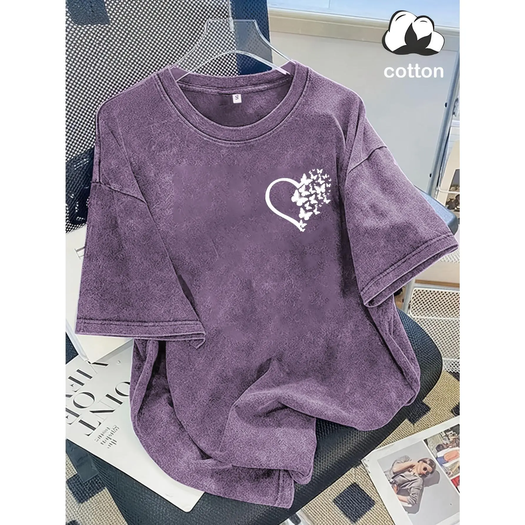 Summer Fashion Trend, Vintage Washed Women's Short Sleeved Butterfly Heart Printed Romantic Style/light Y2K Sweet Style, Comfortable to Wear in Hot Weather, Classic Silhouette, Comfortable Fit, Casual Home and Outdoor
