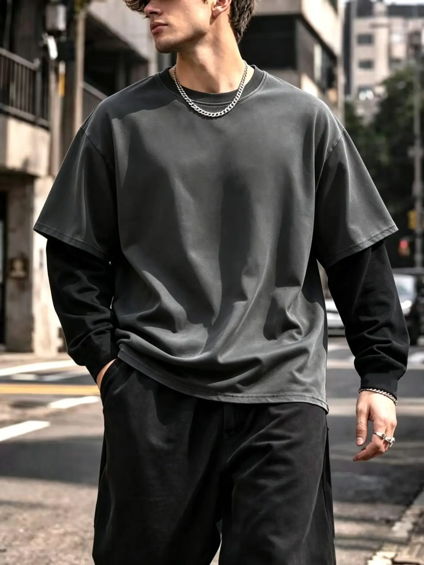 Streetwear Fake Two-Piece Men's T-Shirt, Patchwork Long Sleeve Layered, Loose Oversize Round Neck, Cool Casual Versatile Top