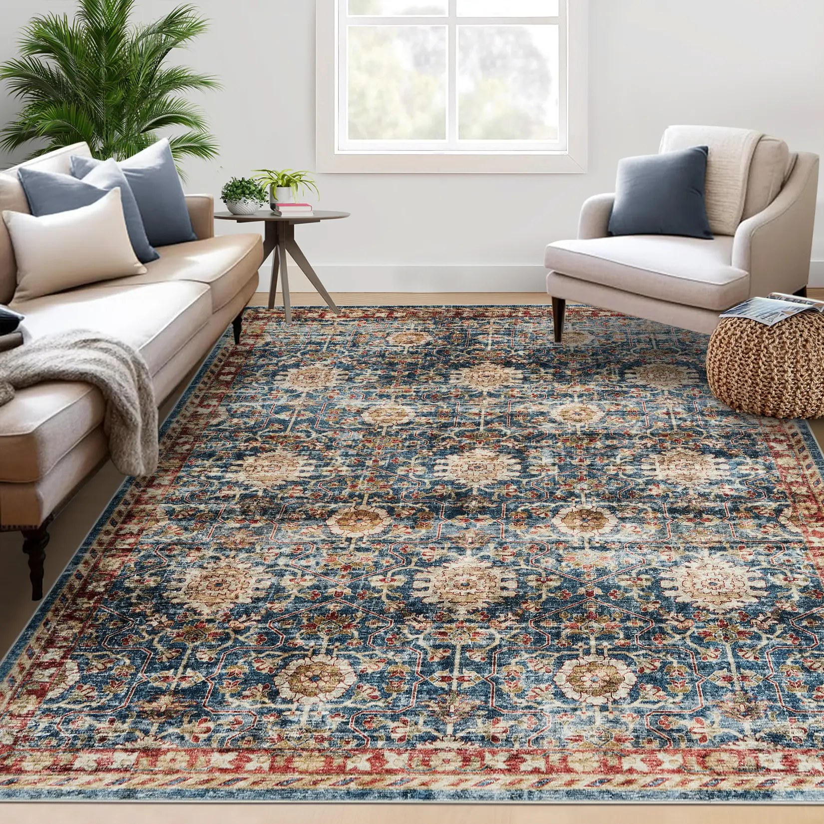 Washable Area Rug for Living Room – Boho Vintage Non-Slip Carpet – Soft, Mark Resistant Mat for Bedroom, Dining Room, Kitchen, Entryway