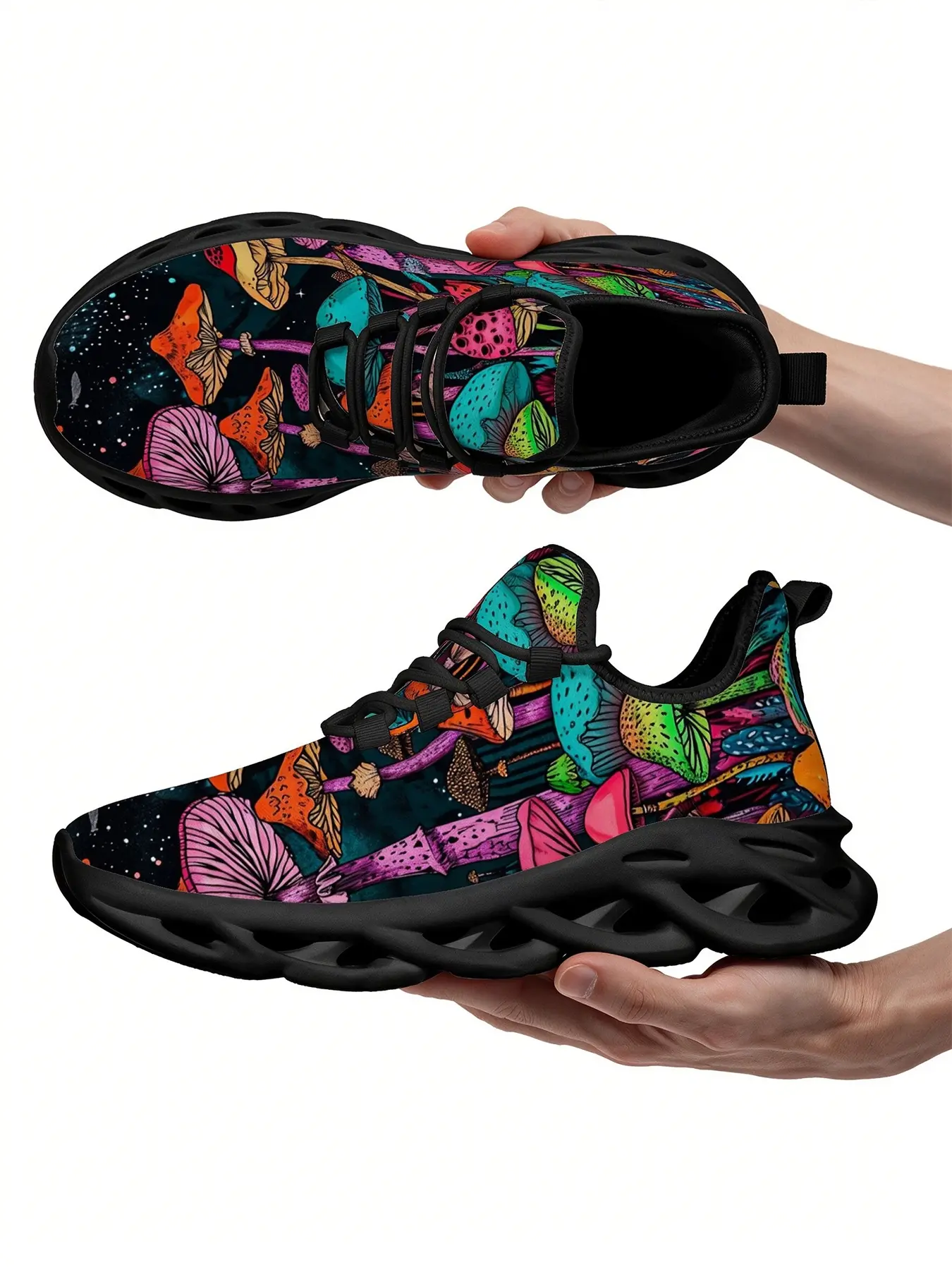 Men Women Breathable Mesh Lace Up Running Shoes Psychedelic Colorful Wild Mushroom Starry Sky Print Blade Sneakers Trippy Forest Fungi Pattern Hollow Sole Streetwear Casual Festival Trainers