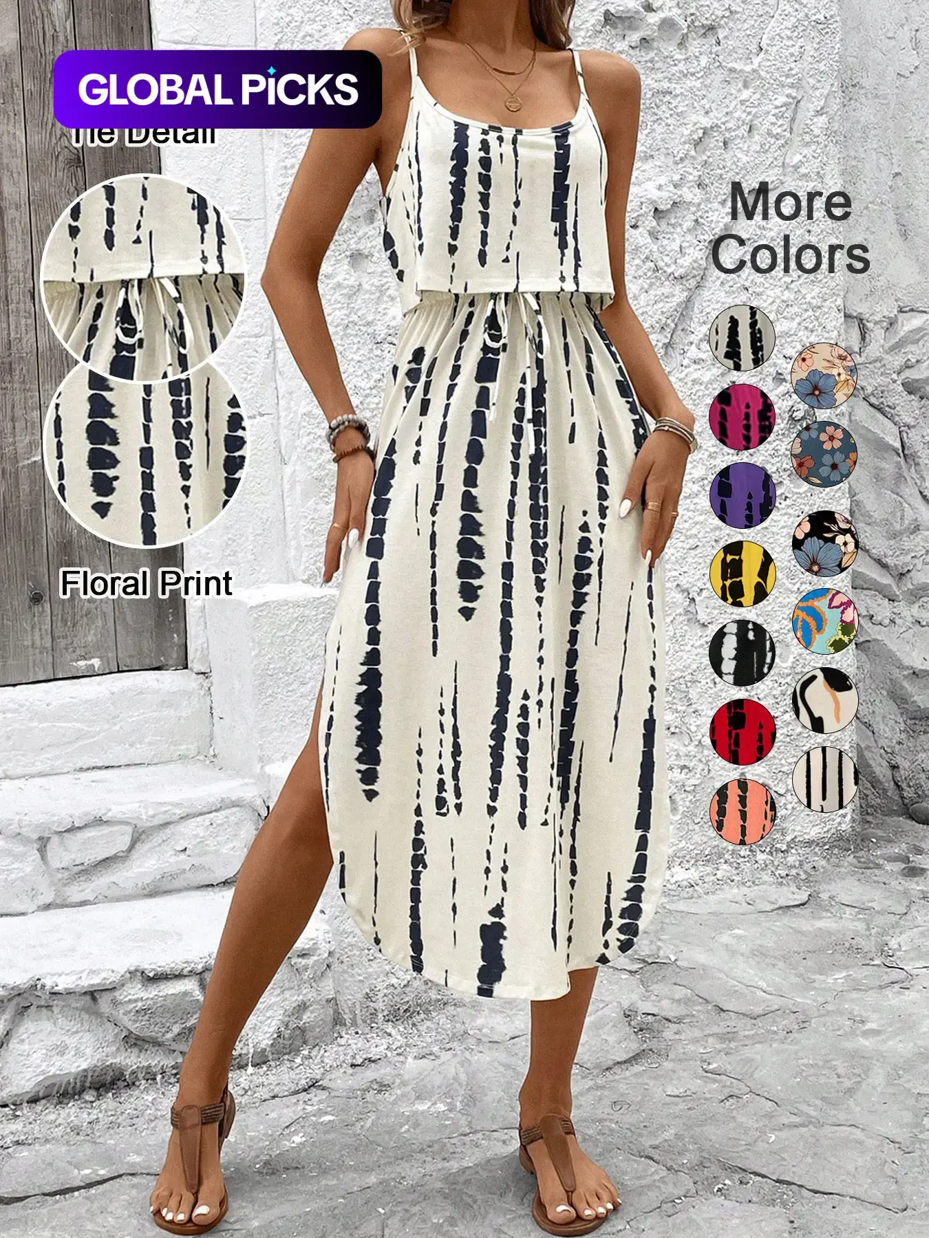 Women's Spring Summer Fall Tie Dye Thin Strap Split Thigh Waist Cinched Dress, Multicolor Floral Print, Casual Vacation